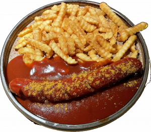 Bierfilz Currywurst mit Pommes